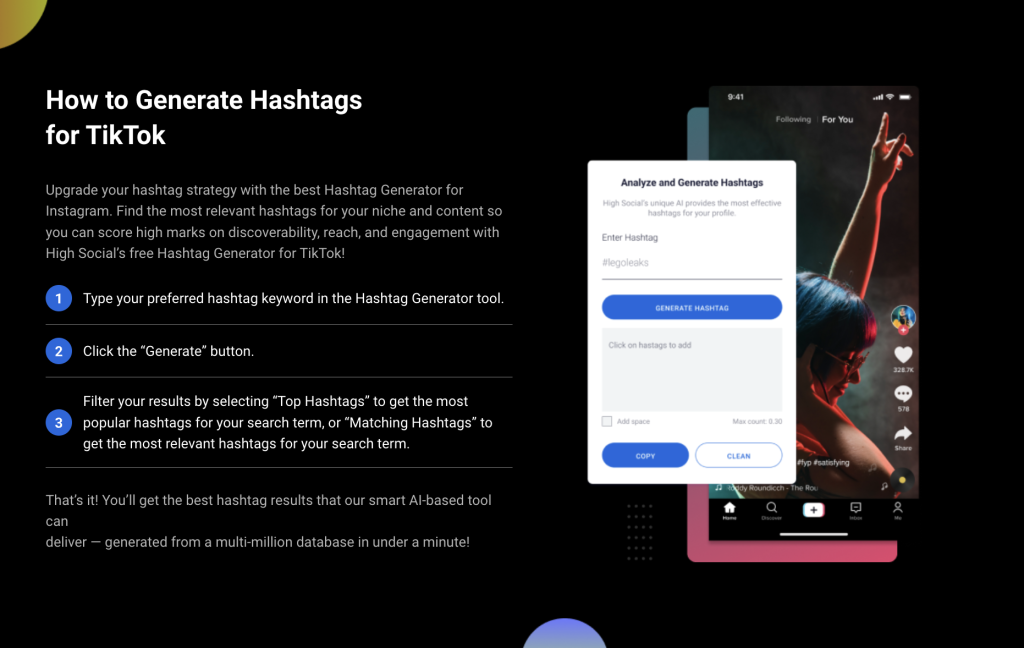 High Social graphic explaining how to use their TikTok Hashtag Generator and featuring an image of the tool.
