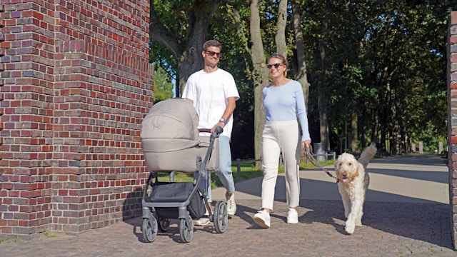 A man pushes a pram, and a woman walks their dog on a leash. 
