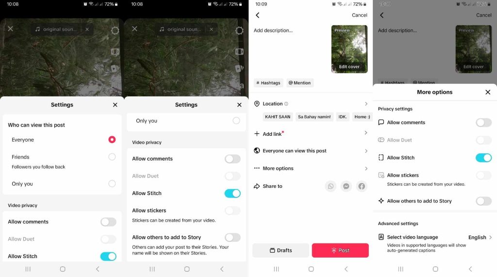 High Social’s screenshots show how to customize a video’s privacy settings on TikTok. 
