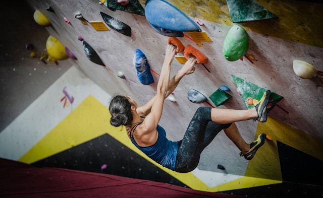 A woman climbs a wall using attached holds. 
