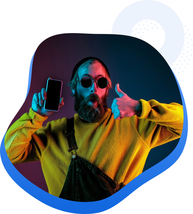 High Social's graphic including an image of a man in overalls and sunglasses holding up a smartphone and a thumbs up.