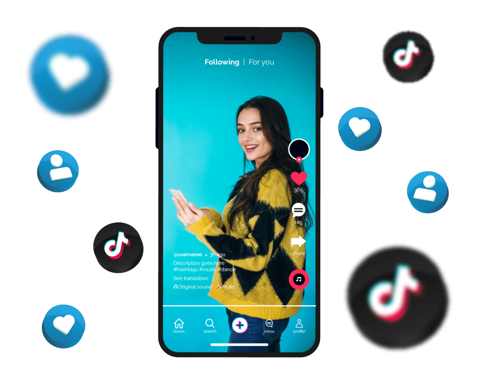 High Social's graphic of a smartphone showing a TikTok video of an influencer surrounded by engagement icons.