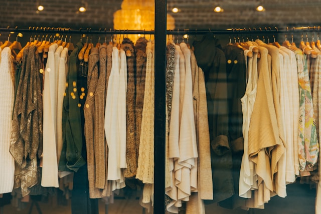 A store window displays a rack of clothes on hangers. 
