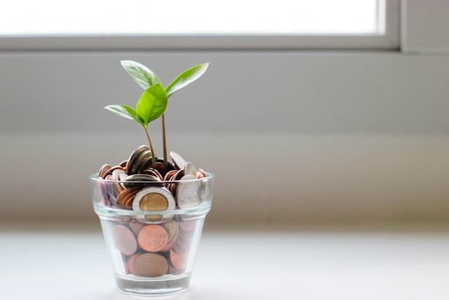 A small plastic cup with coins and two tiny plant stems with leaves. 
