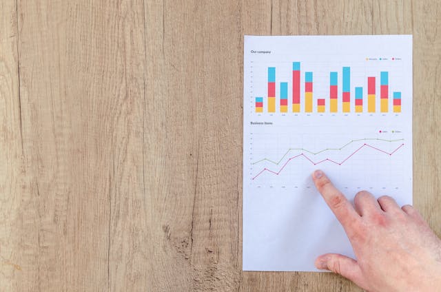 A hand points at a line on a bar graph printed on a sheet of paper.
