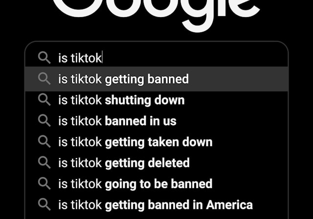 Google search results on a laptop screen display keyword search variations for “Is TikTok getting banned.”
