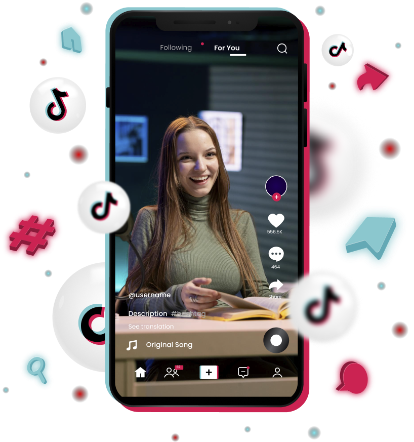 High Social's graphic of a smartphone showing a TikTok video of an influencer at a desk surrounded by engagement icons.