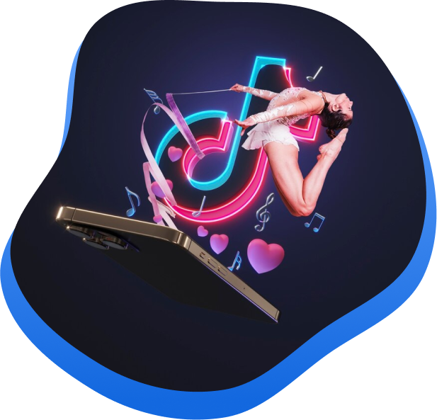 High Social's graphic of a gymnast in front of the TikTok app logo, music notes, and hearts moving out of a smartphone screen.