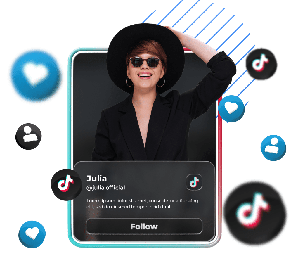 High Social's graphic showing a TikTok video of an influencer in a black hat surrounded by engagement icons.