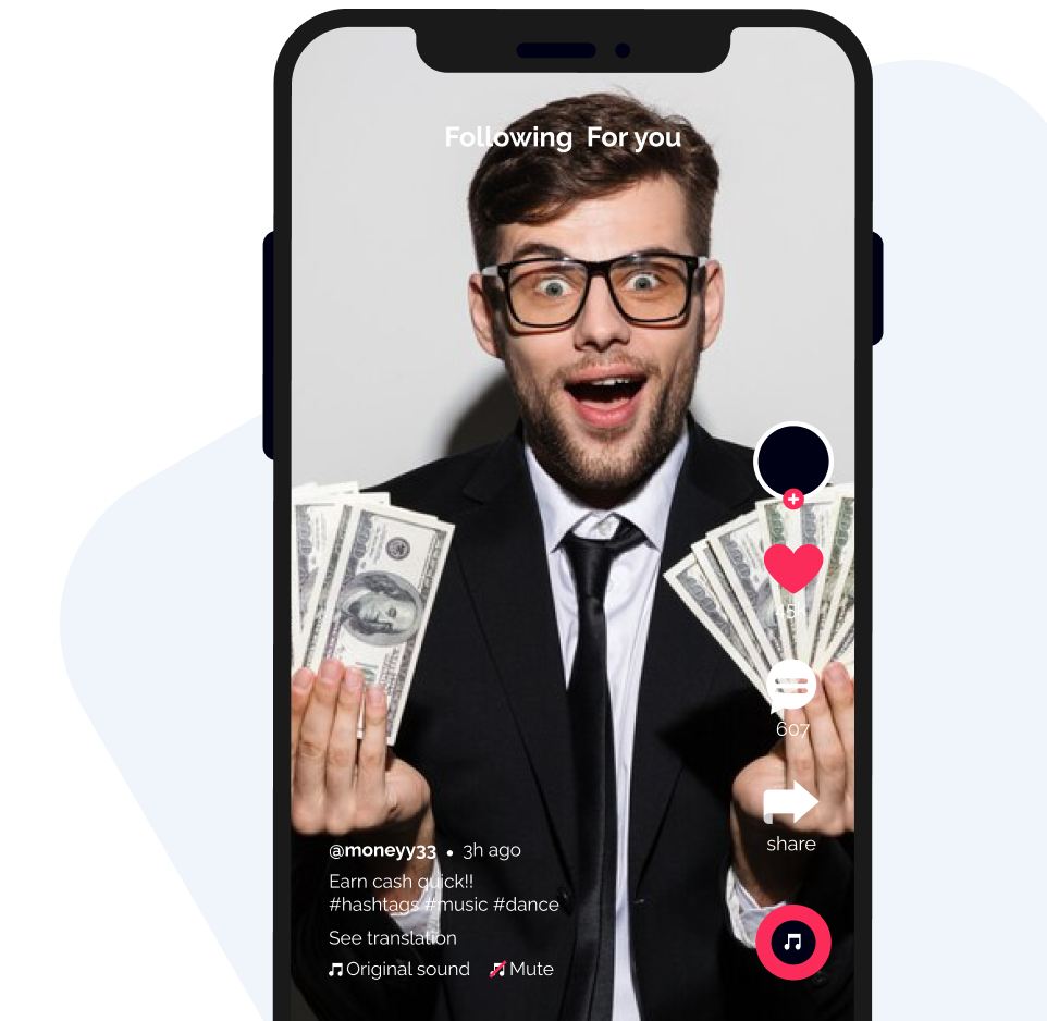 High Social graphic of an excited man holding cash earned from TikTok, displayed in a TikTok-style layout on a mobile screen.