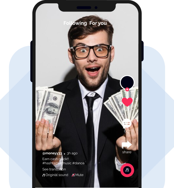 High Social graphic of an excited man holding cash earned from TikTok, displayed in a TikTok-style layout on a mobile screen.