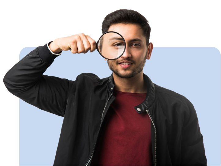 High Social graphic of a Man holding a magnifying glass up to his face symbolizing looking for TikTok User ID information.