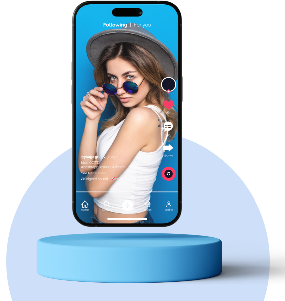 High Social's graphic of a smartphone floating on a stand showing a TikTok influencer in a hat with sunglasses posing.