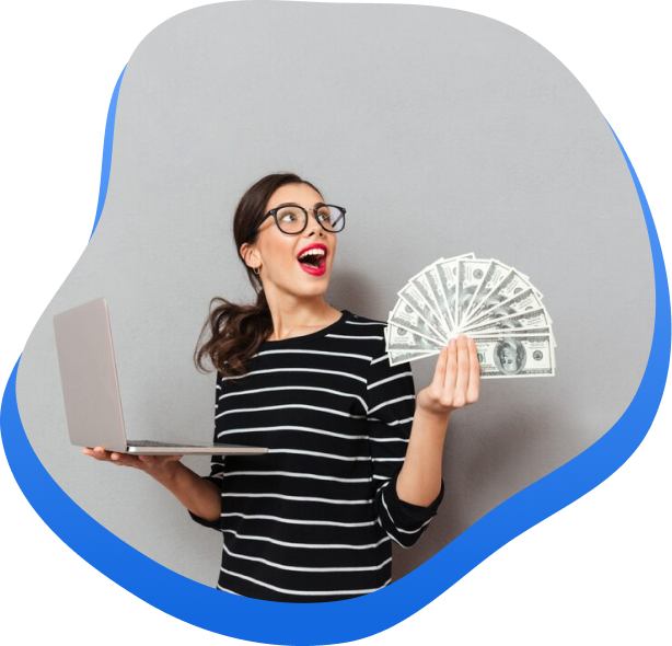 A High-Social graphic of an happy woman using a TikTok money calculator on a laptop and holding cash against a gray backdrop.