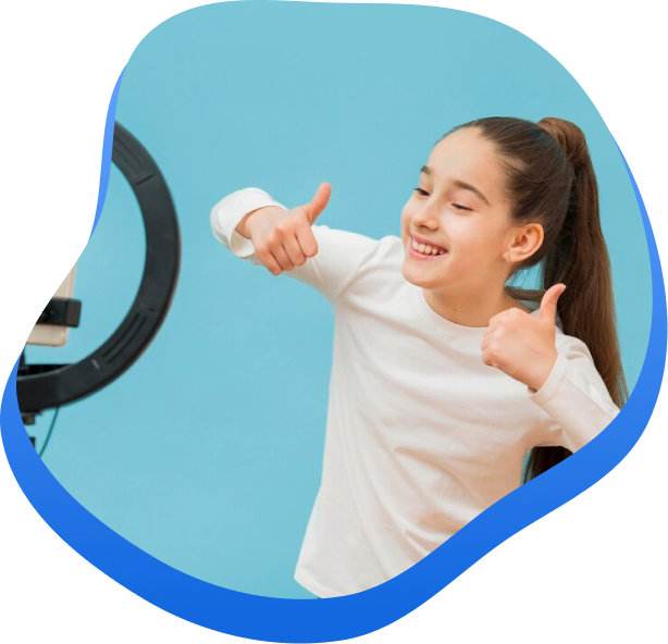 High Social graphic of a girl giving thumbs-ups in front of a ring light for a TikTok, with a blue, wavy border around the image.