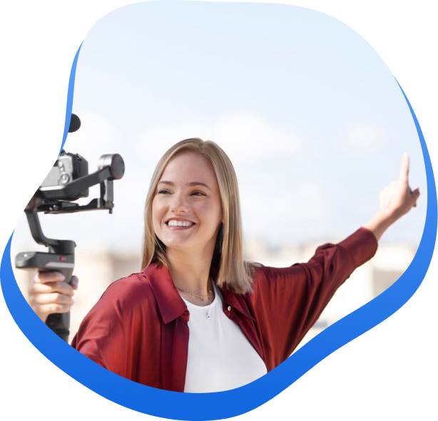 High Social graphic of a woman filming herself for TikTok with a gimbal-mounted camera, surrounded by a blue, wavy border.