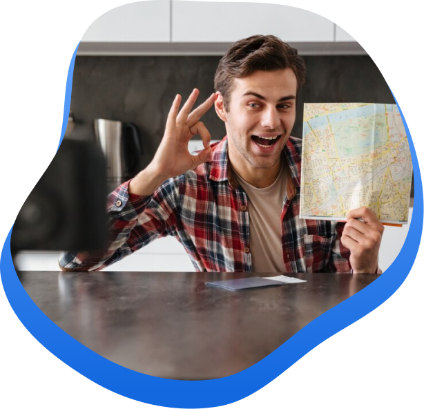 High Social graphic of a man holding a map and gesturing "OK" while recording a TikTok, surrounded by a blue, wavy border.