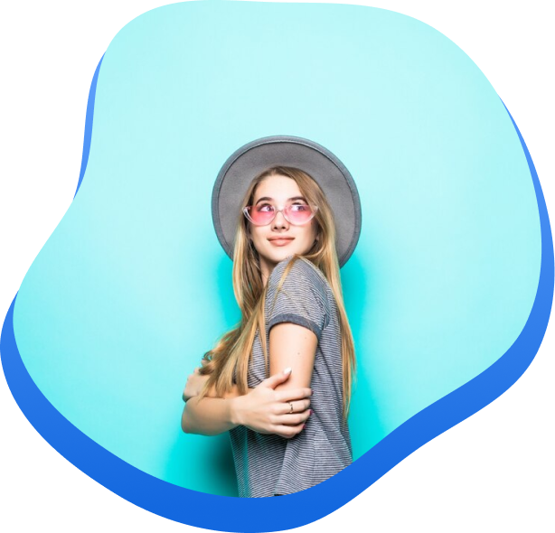 High Social graphic of a happy High Social customer wearing a hat and sunglasses surrounded by a blue, wavy border.