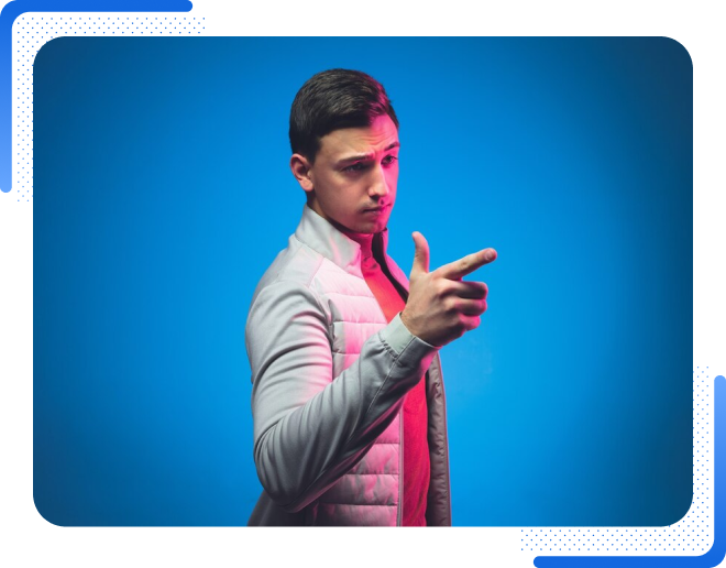 High Social's graphic of a man looking and pointing to the right in front of a blue background.