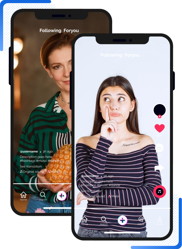 High Social graphic of two smartphone screens showing TikTok videos of women, with notifications and a blue accent border.