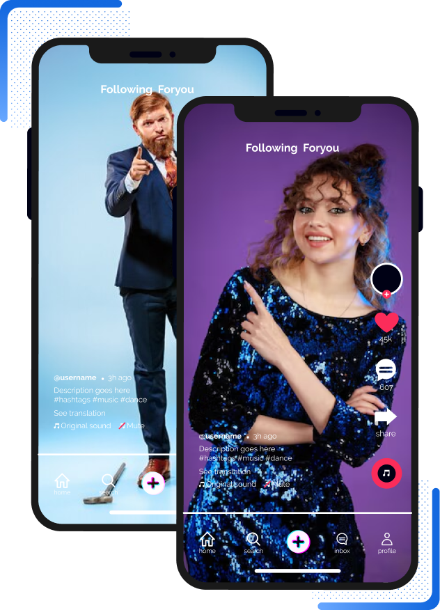 High Social's graphic showing two smartphones with example TikTok videos of people pointing.