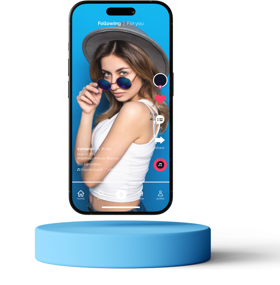 High Social's graphic of a smartphone floating on a stand showing a TikTok influencer in a hat with sunglasses posing.