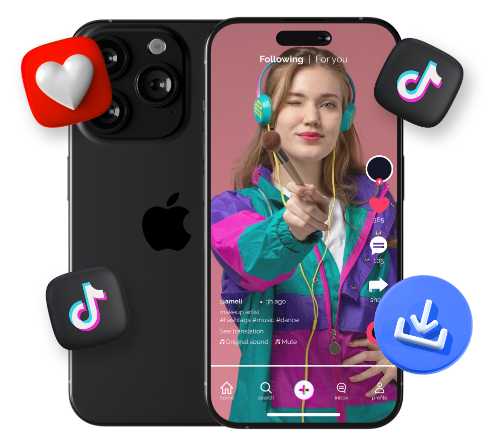 High Social's graphic of two phones, one showing a TikTok video, surrounded by the TikTok app logo and engagement icons.