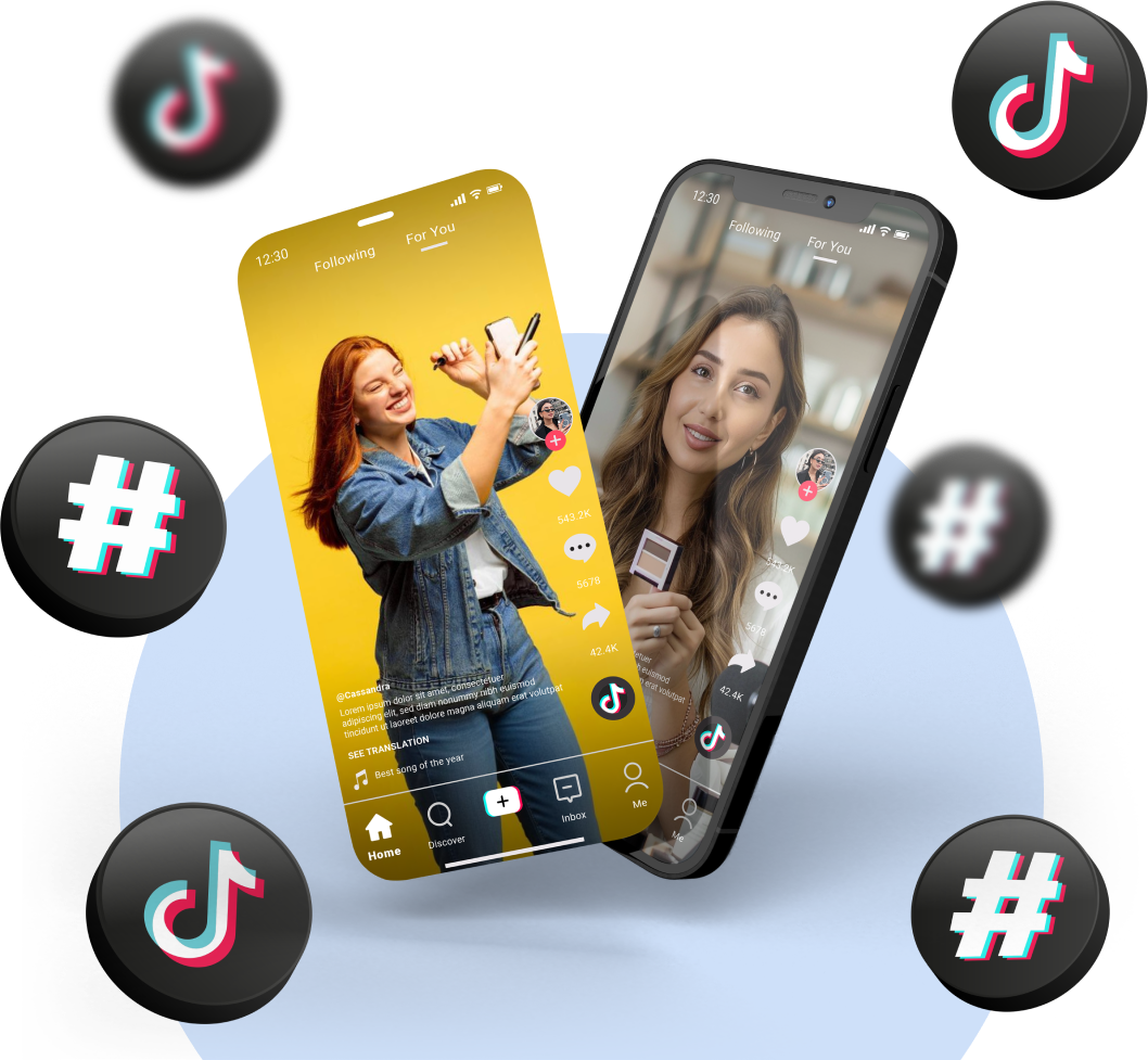 High Social's graphic of two smartphones showing influencer TikTok videos surrounded by TikTok app and hashtag icons.